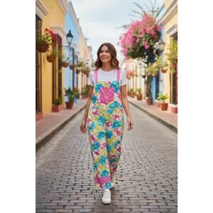 NWT Anne Carson 100% Silk Beaded Jumpsuit Medium Floral Overalls Y2K Cottagecore